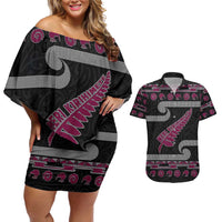New Zealand Christmas Couples Matching Off Shoulder Short Dress and Hawaiian Shirt Meri Kirihimete Silver Fern Knit Style Pink Color LT03 Pink - Polynesian Pride