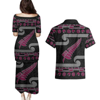New Zealand Christmas Couples Matching Puletasi and Hawaiian Shirt Meri Kirihimete Silver Fern Knit Style Pink Color - Polynesian Pride