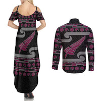 New Zealand Christmas Couples Matching Summer Maxi Dress and Long Sleeve Button Shirt Meri Kirihimete Silver Fern Knit Style Pink Color - Polynesian Pride