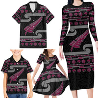 New Zealand Christmas Family Matching Long Sleeve Bodycon Dress and Hawaiian Shirt Meri Kirihimete Silver Fern Knit Style Pink Color LT03 - Polynesian Pride