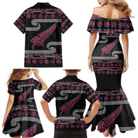 New Zealand Christmas Family Matching Mermaid Dress and Hawaiian Shirt Meri Kirihimete Silver Fern Knit Style Pink Color LT03 - Polynesian Pride