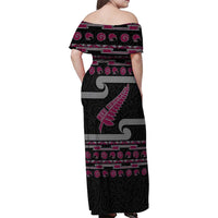 New Zealand Christmas Family Matching Off Shoulder Maxi Dress and Hawaiian Shirt Meri Kirihimete Silver Fern Knit Style Pink Color LT03 - Polynesian Pride