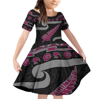 New Zealand Christmas Family Matching Off Shoulder Short Dress and Hawaiian Shirt Meri Kirihimete Silver Fern Knit Style Pink Color LT03 Daughter's Dress Pink - Polynesian Pride