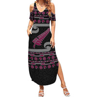 New Zealand Christmas Family Matching Summer Maxi Dress and Hawaiian Shirt Meri Kirihimete Silver Fern Knit Style Pink Color LT03 Mom's Dress Pink - Polynesian Pride