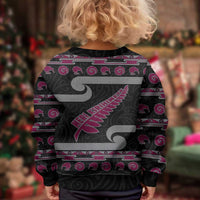 New Zealand Christmas Kid Ugly Christmas Sweater Meri Kirihimete Silver Fern Knit Style Pink Color LT03 - Polynesian Pride