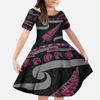 New Zealand Christmas Kid Short Sleeve Dress Meri Kirihimete Silver Fern Knit Style Pink Color LT03 KID Pink - Polynesian Pride