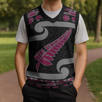 New Zealand Christmas Knitted V-Neck Vest Meri Kirihimete Silver Fern Knit Style Pink Color LT03 - Polynesian Pride