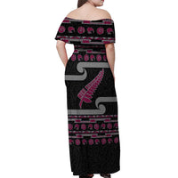 New Zealand Christmas Off Shoulder Maxi Dress Meri Kirihimete Silver Fern Knit Style Pink Color - Polynesian Pride