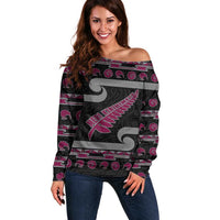New Zealand Christmas Off Shoulder Sweater Meri Kirihimete Silver Fern Knit Style Pink Color LT03 Women Pink - Polynesian Pride