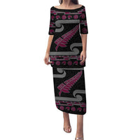New Zealand Christmas Puletasi Meri Kirihimete Silver Fern Knit Style Pink Color LT03 Long Dress Pink - Polynesian Pride