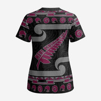 New Zealand Christmas Scrub Top Meri Kirihimete Silver Fern Knit Style Pink Color - Polynesian Pride