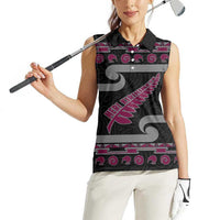 New Zealand Christmas Women Sleeveless Polo Shirt Meri Kirihimete Silver Fern Knit Style Pink Color - Polynesian Pride