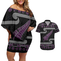 New Zealand Christmas Couples Matching Off Shoulder Short Dress and Hawaiian Shirt Meri Kirihimete Silver Fern Knit Style Purple Color LT03 Purple - Polynesian Pride