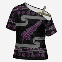 New Zealand Christmas Cross Shoulder Shirt Meri Kirihimete Silver Fern Knit Style Purple Color - Polynesian Pride