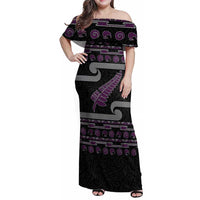 New Zealand Christmas Family Matching Off Shoulder Maxi Dress and Hawaiian Shirt Meri Kirihimete Silver Fern Knit Style Purple Color LT03 Mom's Dress Purple - Polynesian Pride