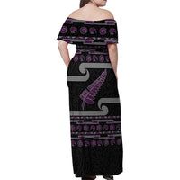 New Zealand Christmas Family Matching Off Shoulder Maxi Dress and Hawaiian Shirt Meri Kirihimete Silver Fern Knit Style Purple Color LT03 - Polynesian Pride