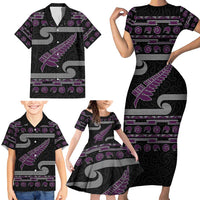 New Zealand Christmas Family Matching Short Sleeve Bodycon Dress and Hawaiian Shirt Meri Kirihimete Silver Fern Knit Style Purple Color LT03 - Polynesian Pride
