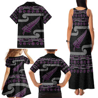 New Zealand Christmas Family Matching Tank Maxi Dress and Hawaiian Shirt Meri Kirihimete Silver Fern Knit Style Purple Color LT03 - Polynesian Pride