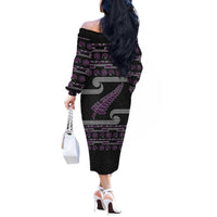 New Zealand Christmas Off The Shoulder Long Sleeve Dress Meri Kirihimete Silver Fern Knit Style Purple Color LT03 - Polynesian Pride