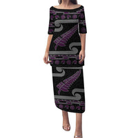 New Zealand Christmas Puletasi Meri Kirihimete Silver Fern Knit Style Purple Color LT03 Long Dress Purple - Polynesian Pride