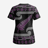 New Zealand Christmas Scrub Top Meri Kirihimete Silver Fern Knit Style Purple Color - Polynesian Pride
