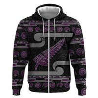 New Zealand Christmas Zip Hoodie Meri Kirihimete Silver Fern Knit Style Purple Color - Polynesian Pride