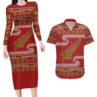 New Zealand Christmas Couples Matching Long Sleeve Bodycon Dress and Hawaiian Shirt Meri Kirihimete Silver Fern Knit Style Green Color - Polynesian Pride
