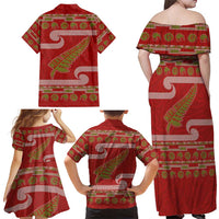 New Zealand Christmas Family Matching Off Shoulder Maxi Dress and Hawaiian Shirt Meri Kirihimete Silver Fern Knit Style Green Color LT03 - Polynesian Pride