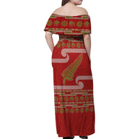 New Zealand Christmas Family Matching Off Shoulder Maxi Dress and Hawaiian Shirt Meri Kirihimete Silver Fern Knit Style Green Color LT03 - Polynesian Pride