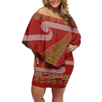 New Zealand Christmas Family Matching Off Shoulder Short Dress and Hawaiian Shirt Meri Kirihimete Silver Fern Knit Style Green Color LT03 Mom's Dress Green - Polynesian Pride