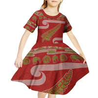 New Zealand Christmas Kid Short Sleeve Dress Meri Kirihimete Silver Fern Knit Style Green Color LT03 - Polynesian Pride