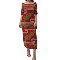 New Zealand Christmas Puletasi Meri Kirihimete Silver Fern Knit Style Green Color LT03 Long Dress Green - Polynesian Pride