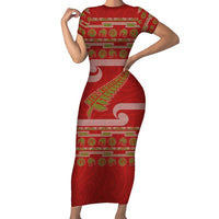 New Zealand Christmas Short Sleeve Bodycon Dress Meri Kirihimete Silver Fern Knit Style Green Color LT03 Long Dress Green - Polynesian Pride