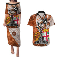 fiji-australia-rugby-couples-matching-puletasi-dress-and-hawaiian-shirt-kangaroo-and-palm-tree-orange-tapa-pattern-mix-aboriginal