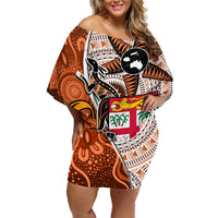 Fiji Australia Rugby Off Shoulder Short Dress Kangaroo and Palm Tree Orange Tapa Pattern Mix Aboriginal LT03 Women Orange - Polynesian Pride