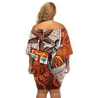 Fiji Australia Rugby Off Shoulder Short Dress Kangaroo and Palm Tree Orange Tapa Pattern Mix Aboriginal LT03 - Polynesian Pride