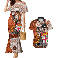 Personalised Fiji Australia Rugby Couples Matching Mermaid Dress and Hawaiian Shirt Kangaroo and Palm Tree Orange Tapa Pattern Mix Aboriginal LT03 Orange - Polynesian Pride