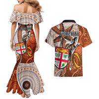 Personalised Fiji Australia Rugby Couples Matching Mermaid Dress and Hawaiian Shirt Kangaroo and Palm Tree Orange Tapa Pattern Mix Aboriginal LT03 - Polynesian Pride