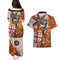Personalised Fiji Australia Rugby Couples Matching Puletasi Dress and Hawaiian Shirt Kangaroo and Palm Tree Orange Tapa Pattern Mix Aboriginal LT03 - Polynesian Pride