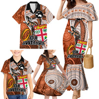 Personalised Fiji Australia Rugby Family Matching Mermaid Dress and Hawaiian Shirt Kangaroo and Palm Tree Orange Tapa Pattern Mix Aboriginal LT03 - Polynesian Pride