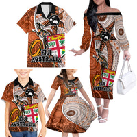 Personalised Fiji Australia Rugby Family Matching Off Shoulder Long Sleeve Dress and Hawaiian Shirt Kangaroo and Palm Tree Orange Tapa Pattern Mix Aboriginal LT03 - Polynesian Pride