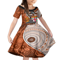 Personalised Fiji Australia Rugby Family Matching Off Shoulder Maxi Dress and Hawaiian Shirt Kangaroo and Palm Tree Orange Tapa Pattern Mix Aboriginal LT03 Daughter's Dress Orange - Polynesian Pride