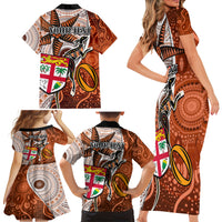 Personalised Fiji Australia Rugby Family Matching Short Sleeve Bodycon Dress and Hawaiian Shirt Kangaroo and Palm Tree Orange Tapa Pattern Mix Aboriginal LT03 - Polynesian Pride