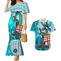 Fiji Australia Rugby Couples Matching Mermaid Dress and Hawaiian Shirt Kangaroo and Palm Tree Blue Tapa Pattern Mix Aboriginal LT03 Blue - Polynesian Pride