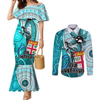 Fiji Australia Rugby Couples Matching Mermaid Dress and Long Sleeve Button Shirts Kangaroo and Palm Tree Blue Tapa Pattern Mix Aboriginal LT03 Blue - Polynesian Pride
