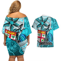 Fiji Australia Rugby Couples Matching Off Shoulder Short Dress and Hawaiian Shirt Kangaroo and Palm Tree Blue Tapa Pattern Mix Aboriginal LT03 - Polynesian Pride