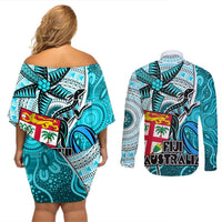 Fiji Australia Rugby Couples Matching Off Shoulder Short Dress and Long Sleeve Button Shirts Kangaroo and Palm Tree Blue Tapa Pattern Mix Aboriginal LT03 - Polynesian Pride