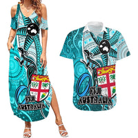 Fiji Australia Rugby Couples Matching Summer Maxi Dress and Hawaiian Shirt Kangaroo and Palm Tree Blue Tapa Pattern Mix Aboriginal LT03 Blue - Polynesian Pride