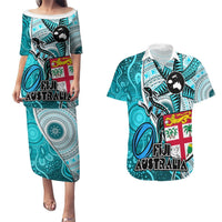 Personalised Fiji Australia Rugby Couples Matching Puletasi Dress and Hawaiian Shirt Kangaroo and Palm Tree Blue Tapa Pattern Mix Aboriginal LT03 Blue - Polynesian Pride
