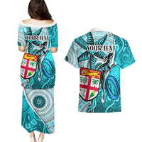 Personalised Fiji Australia Rugby Couples Matching Puletasi Dress and Hawaiian Shirt Kangaroo and Palm Tree Blue Tapa Pattern Mix Aboriginal LT03 - Polynesian Pride